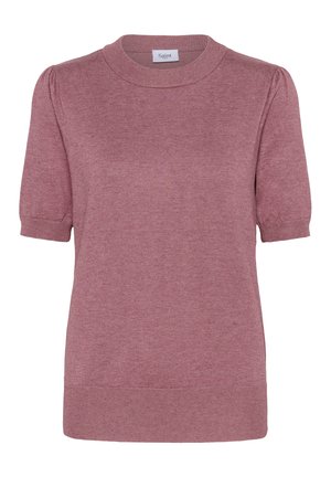Pull en maille mauve à manches courtes avec col rond, poignets côtelés et épaules légèrement bouffantes.