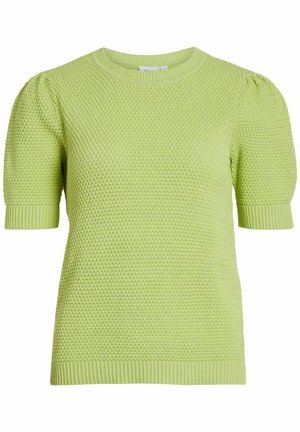 Jasnozielony krótki sweter z dzianiny z krótkim rękawem, z teksturowanym wzorem, okrągłym dekoltem oraz ściągaczami na mankietach i u dołu.