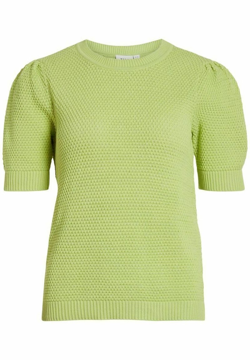 Jasnozielony krótki sweter z dzianiny z krótkim rękawem, z teksturowanym wzorem, okrągłym dekoltem oraz ściągaczami na mankietach i u dołu.