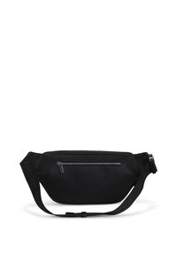 Čierna kožená crossbody taška s textúrovaným povrchom, obsahuje prednú zipsovú kapsu a nastaviteľný popruh. Elegantný a moderný dizajn.