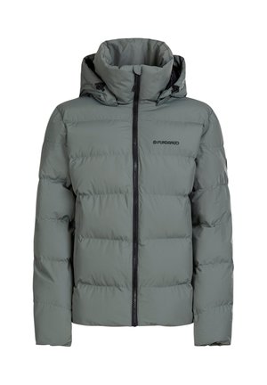 Polstret hættetrøje i en dæmpet grøn farve med lynlås foran, elastiske manchetter og et logo på brystet. Har puffet stil med quilting.