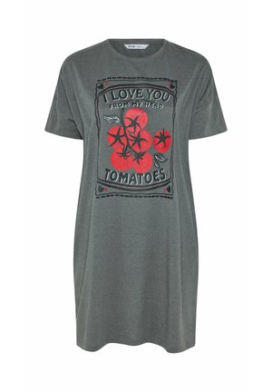 Grijze jurk met korte mouwen, bedrukt met rode tomaten en de tekst "Ik hou van jou van mijn hoofd tomaten" aan de voorkant.