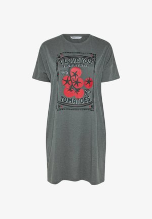 Graues Kleid mit kurzen Ärmeln, bedruckt mit roten Tomaten und dem Text "I love you from my head tomatoes" auf der Vorderseite.