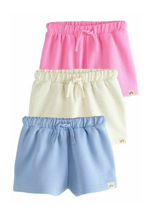 Een set van drie paar shorts in roze, crème met spikkels en blauw. Gemaakt van zachte stof met een elastische tailleband en trekkoorden.