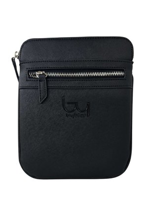 Borsa a tracolla nera compatta con tasca frontale con zip e logo impresso, con finitura testurizzata e profilo sottile.
