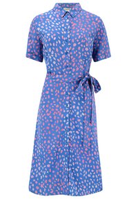 Abito camicia blu con maniche corte, chiusura frontale a bottoni e vita con cintura. Presenta un motivo a pois rosa e bianco sul tessuto.