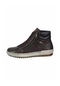 Sneakers high-top in pelle marrone con chiusura a zip, lacci frontali, dettagli testurizzati e suola in gomma bianca a contrasto.