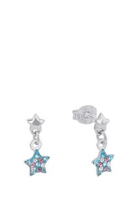 Orecchini a forma di stella in argento con design pendente. Presentano cristalli blu e rosa, fissati con un clasp a farfalla.
