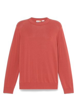Maglione corallo con scollo a giro e maniche lunghe. Presenta polsini e orlo a costine. Include un piccolo logo sul petto. Texture morbida.