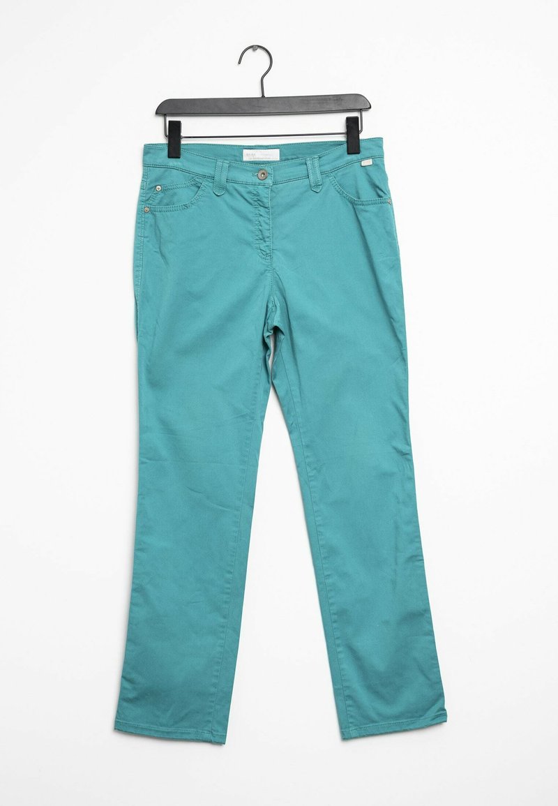 Turquoise cotton trousers with a straight-leg design, featuring a front zipper, button closure, and five pockets. Hangs on a black plastic hanger.