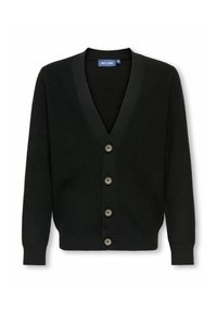 Cardigan nero lavorato a maglia con maniche lunghe, colletto a V e quattro bottoni frontali, etichettato "Only & Sons".