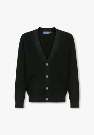 Schwarze Strickjacke mit langen Ärmeln, V-Ausschnitt und vier Vorderknöpfen, mit dem Etikett "Only & Sons."