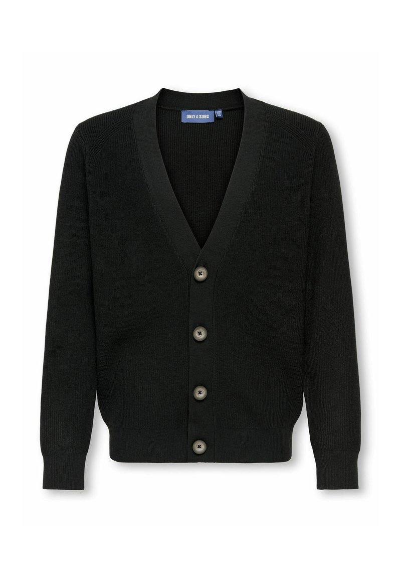 Cardigan nero lavorato a maglia con maniche lunghe, colletto a V e quattro bottoni frontali, etichettato "Only & Sons".