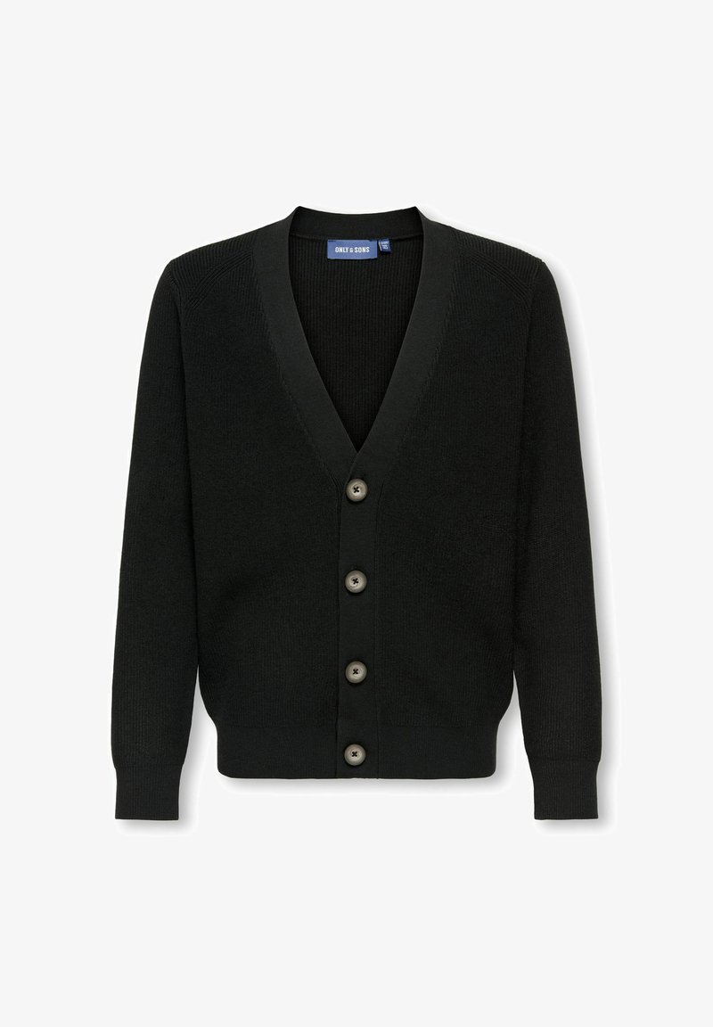 Cardigan nero lavorato a maglia con maniche lunghe, colletto a V e quattro bottoni frontali, etichettato "Only & Sons".