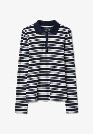Polo à manches longues rayé bleu marine et blanc avec tissu côtelé, patte de boutonnage et col uni bleu marine.