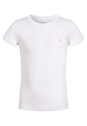 Hvid T-shirt med korte ærmer og rund hals med lille pink broderet logo på venstre bryst.