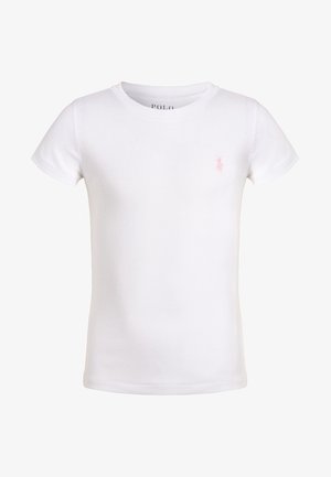 Hvid T-shirt med korte ærmer og rund hals med lille pink broderet logo på venstre bryst.