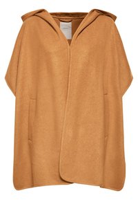 Capa de lana color camel con capucha, abertura frontal y bolsillos con abertura en cada lado, adecuada para superponer sobre la ropa.