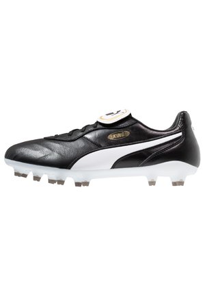 Black leather soccer cleat with a white stripe, raised "KING" logo, and six plastic studs on the outsole for traction. Smooth texture.
