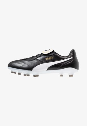 Black leather soccer cleat with a white stripe, raised "KING" logo, and six plastic studs on the outsole for traction. Smooth texture.