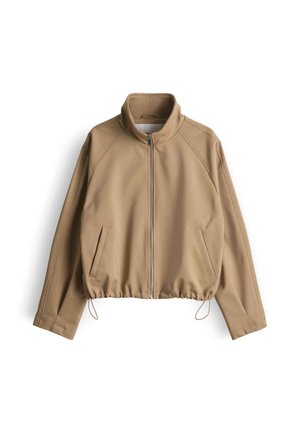 Beige jas met ritssluiting, hoge kraag, lange mouwen, twee zijzakken en elastische zoom met trekkoord.