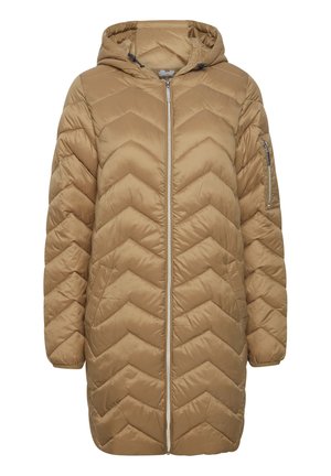 Hellbrauner, kapuzengefütterter Steppjacke mit Chevron-Muster, durchgehendem Reißverschluss und einem Reißverschlussfach am Ärmel. Weicher Stoff mit glatter Textur.