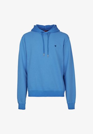 Felpa blu realizzata in tessuto liscio, con cappuccio regolabile, polsini e orlo a costine, e un piccolo logo sul petto.