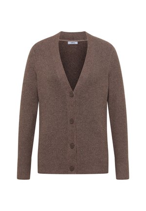 Brauner gerippter Cardigan mit V-Ausschnitt und Knopfvorderseite, ausgestattet mit fünf Knöpfen und langen Ärmeln. Weicher Stoff, legeres Design.