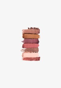 Color cosmetic swatches in five horizontal rows: warm brown, mauve, soft pink, bronze, and pale pink. Matte and shimmer finishes visible.