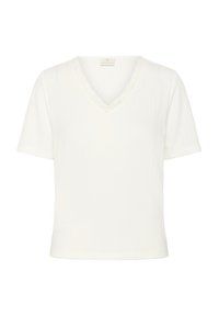 Bílý top s krátkým rukávem a výstřihem do V, s vykrojeným krajkovým lemem kolem výstřihu, vyrobený z texturované ribbed tkaniny.