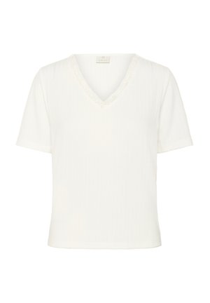 White short-sleeve top with a V-neck and scalloped lace trim along the neckline, featuring a textured, ribbed fabric.