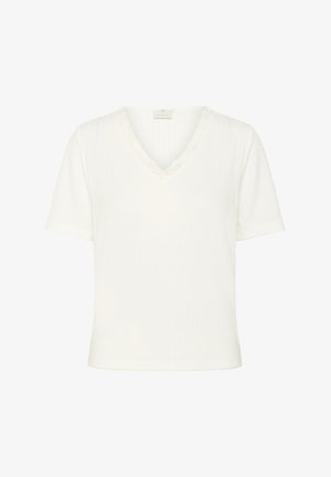 Biała bluzka z krótkim rękawem, z dekoltem w serek i falbaniastym wykończeniem koronkowym wzdłuż dekoltu, wykonana z teksturowanej, prążkowanej tkaniny.