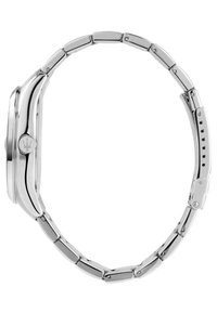 Silver stainless steel watch with a polished round case, link bracelet, and a prominent logo on the side; smooth texture and bold design.