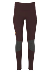 Leggings bordeaux avec une taille haute, présentant des accents de panneaux gris, une poche latérale et un design texturé sur les sections inférieures.