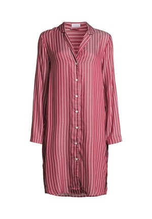 Pitkähihainen paitamekko, jossa on napitettu etuosaan, pystysuorat valkoiset raidat viininpunaisella pohjalla, kaulus ja sivuhalkiot.