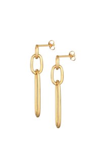 Boucles d'oreilles dorées présentant des formes ovales entrelacées. Le design inclut une tige robuste et un fermoir, avec des bords lisses et arrondis et une finition polie.