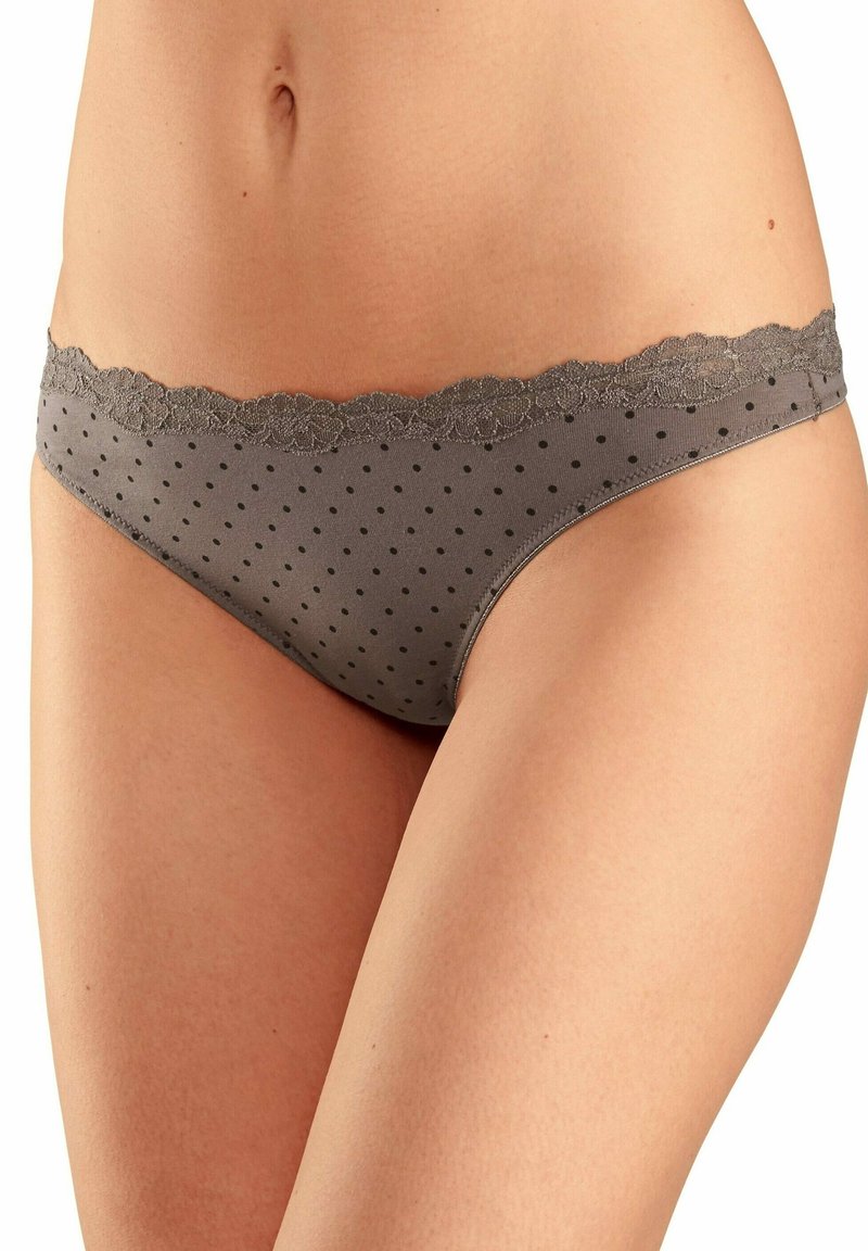 Grijze onderbroek met stippen en een kantafwerking bij de tailleband, met een gladde stof en een lage taille.
