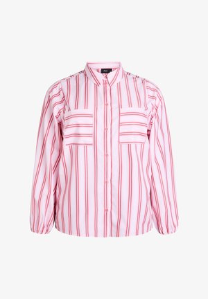 Long-sleeve button-up shirt with pink and red vertical stripes, featuring two chest pockets and a classic collar. Soft fabric with a relaxed fit.