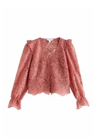 Lace bluse i blød rosa med V-hals, lange ærmer, subtile flæser ved skuldrene og knaplukning, der har intrikate snor-lignende mønstre.