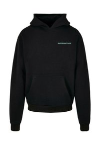 Mugavast kangast must kapuutsiga särk, millel on ees kulunud rohelise "NATURAL FLOW" teksti logo ja tasku.