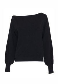 Zwarte gebreide trui met een off-the-shoulder halslijn, pofmouwen en ribgebreide manchetten en zoom. Zachte textuur, getailleerde silhoët.