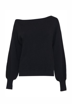 Suéter de punto negro con escote asimétrico, mangas abullonadas y puños y dobladillo acanalados. Textura suave, silueta ajustada.