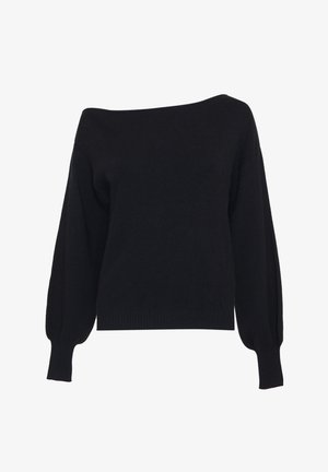 Sort strikket sweater med en off-the-shoulder halsudskæring, puffærmer og ribbede manchetter og kant. Blød tekstur, tætsiddende silhuet.