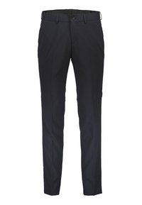 Navy-Hosen aus glattem Stoff mit einem Frontknopfverschluss, Gürtelschlaufen und einer taillierten Slim-Fit-Passform mitFalten entlang der Beine.