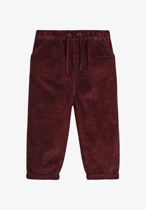 Burgundy corduroy pants with a ribbed texture, elastic waistband, and drawstring, featuring two side pockets and rolled cuffs at the hem.