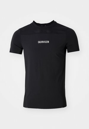 Black short-sleeve athletic t-shirt with mesh upper chest panel and "Calvin Klein" logo printed in white center chest.