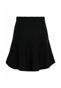 Czarna spódnica w kształcie litery A z delikatnym rozkloszowaniem i wysokim stanem, zaprezentowana na białym tle.