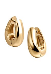 Pendientes de aro en tono dorado con un diseño suave y redondeado. La superficie pulida cuenta con un cierre articulado para un uso seguro.