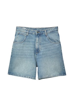 Shorts in denim blu chiaro, caratterizzati da un taglio classico, design a cinque tasche e chiusura con bottone, con una texture leggermente sbiadita.