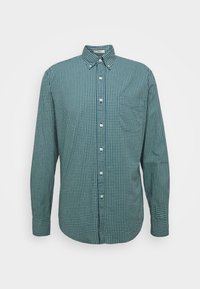 Grün-blau kariertes Langarmhemd mit Button-Down-Kragen, einer einzelnen Brusttasche und weißen Knöpfen auf der Vorderseite. Aus Baumwollmaterial.